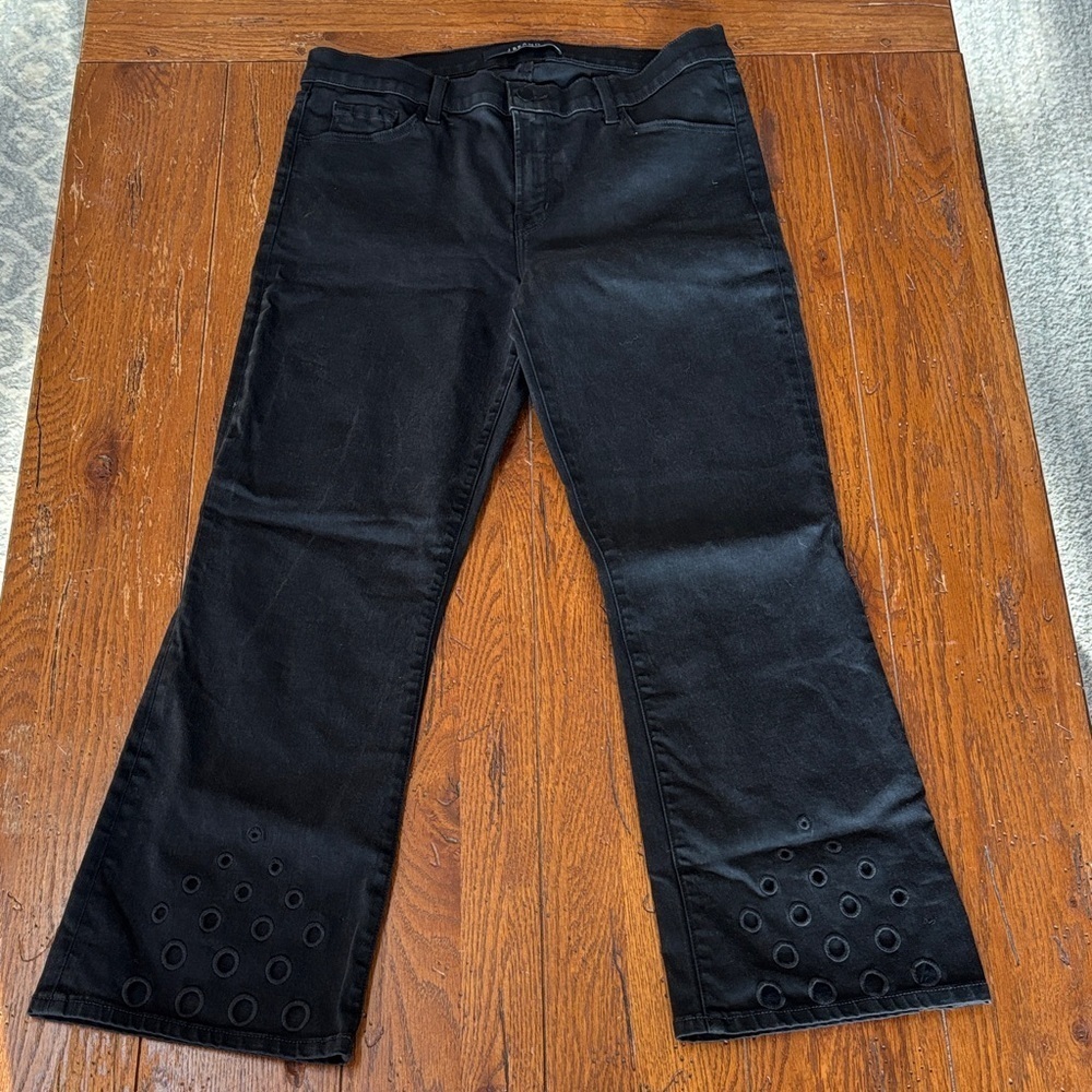 J Brand Selena Black Flared Jeans Eyelet Detail at Cuff Stretch Crop Size 32